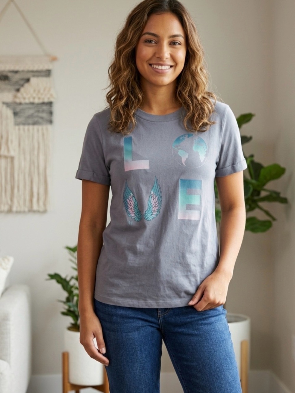 Grace & Lace Short-Sleeve Grey 'LOVE' Graphic Tee with Pastel Wings PTP 21’